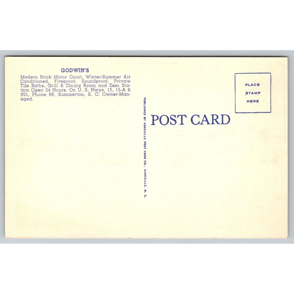 Vintage Linen Postcard Godwin's Motor Court Summerton SC ESSO Gas Station 1940s